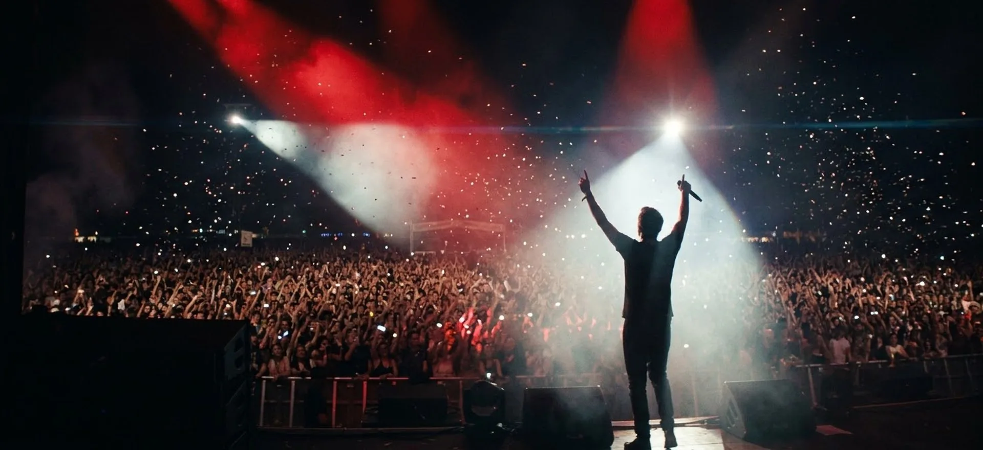 Um artista num grande palco ao ar livre, visto de costas, perante uma multidão à noite